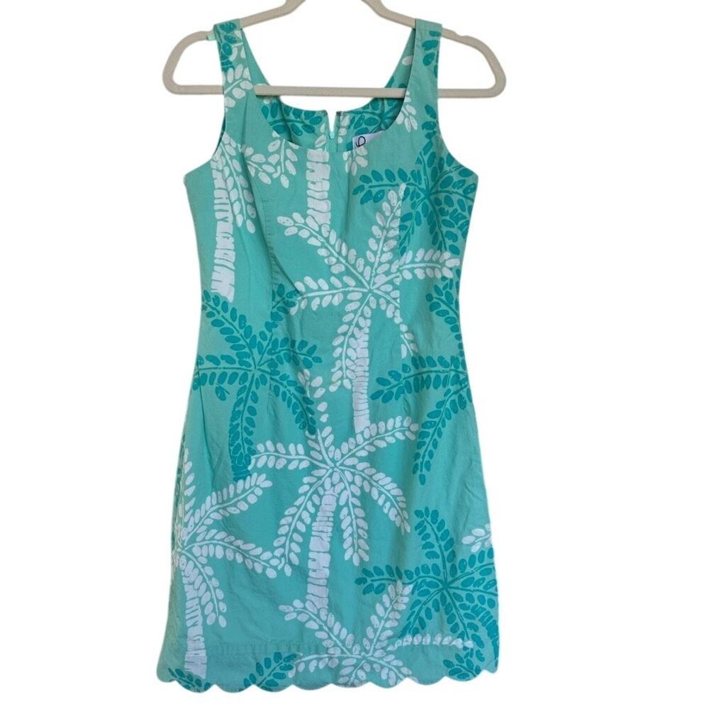 Lilly Pulitzer Vintage Blue Palm Print Sleeveless Shift Dress Scallop Hem Size 6